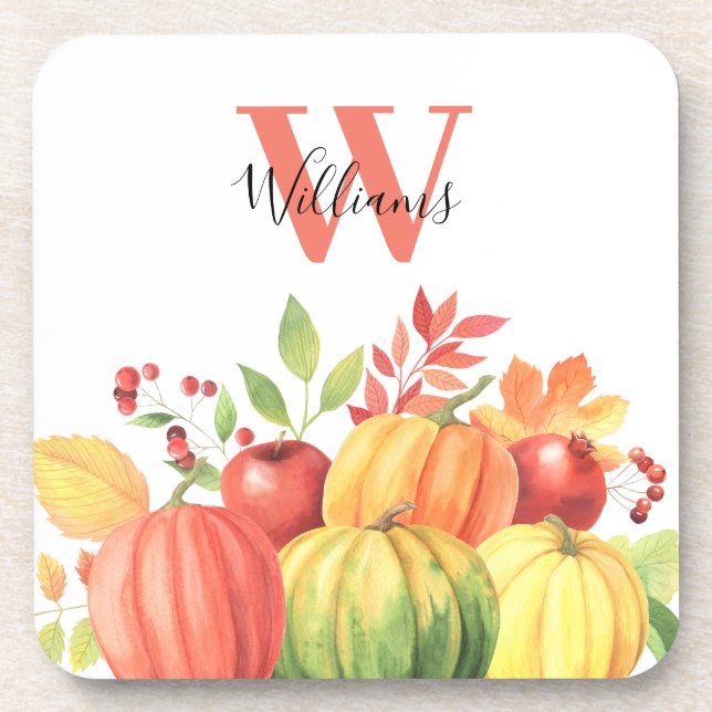 Pumpkin Autumn Monogram Name Beverage Coaster (Front)
