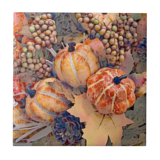 Pumpkin Autumn Orange Leaves Digital Painting Ceramic Tile (Front)