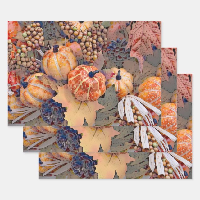 Pumpkin Autumn Orange Leaves Digital Painting Wrapping Paper Sheets (Set)