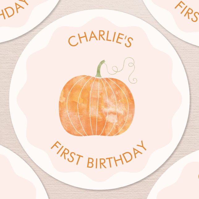 Pumpkin Autumn Personalized First 1st Birthday Classic Round Sticker (Cute watercolor pumpkin autumn fall personalized first birthday stickers)