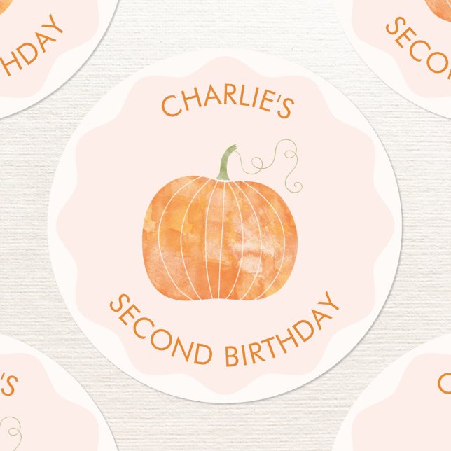 Pumpkin Autumn Personalized Second 2nd Birthday Classic Round Sticker (Second 2nd birthday pumpkin personalized sticker with custom text)