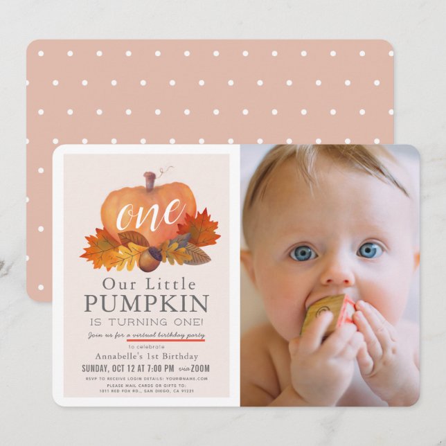 Pumpkin Autumn Pink Photo Virtual 1st Birthday Invitation (Front/Back)