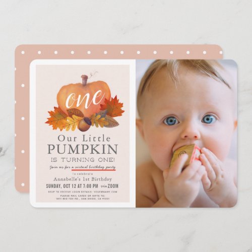 Pumpkin Autumn Pink Photo Virtual 1st Birthday Invitation