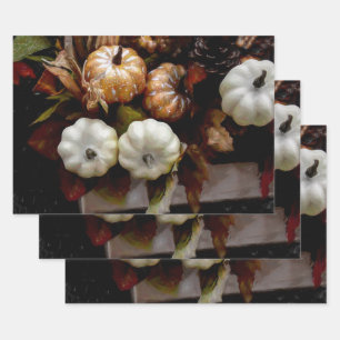 Pumpkin Autumn White Dark Brown Vintage Antique Wrapping Paper Sheets