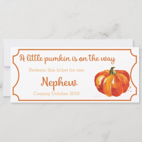 Pumpkin baby Announcement Ticket Newphew