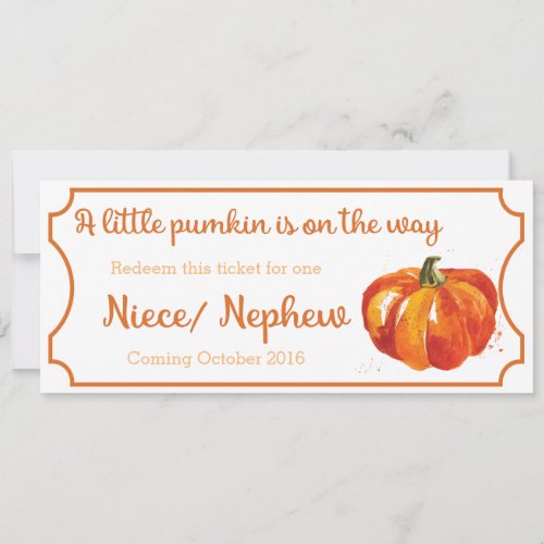 Pumpkin baby Announcement Ticket Niece  Nephew