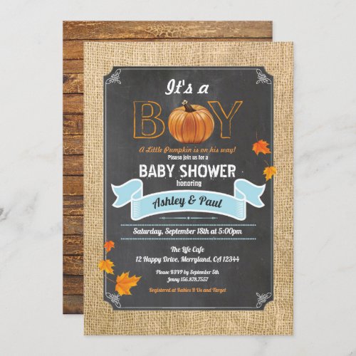 Pumpkin baby boy shower burlap wood chalk invitation