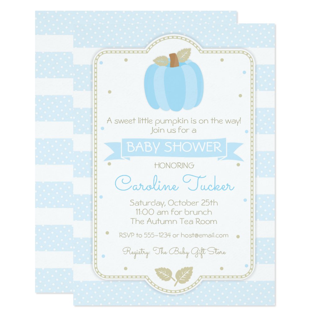 Pumpkin Baby Boy Shower Invitation - Blue Stripes