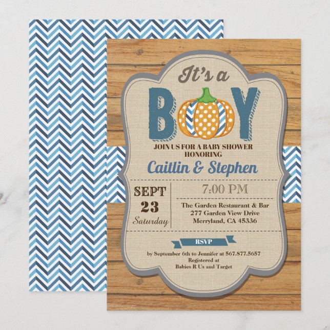 Pumpkin baby boy shower invitation wood (Front/Back)