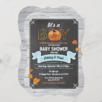 Pumpkin baby boy shower rustic wood chalkboard invitation