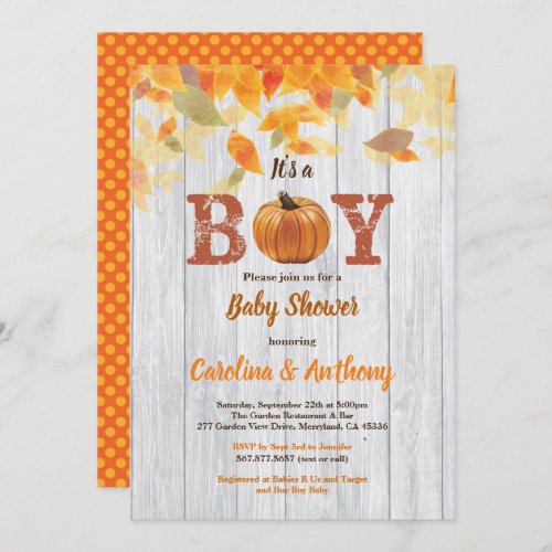 Pumpkin baby boy shower rustic wood its a boy invitation