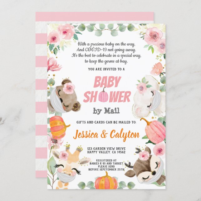 Pumpkin Baby Girl Shower By Mail Woodland Animal Invitation (Front/Back)