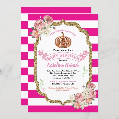 Pumpkin baby girl shower invitation hot pink gold