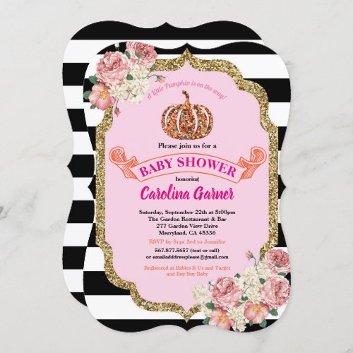 Pumpkin baby girl shower invitation pink and gold