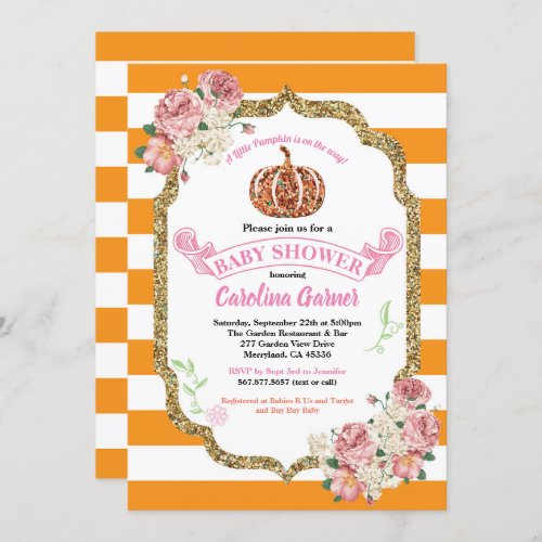 Pumpkin baby girl shower invitation pink and gold