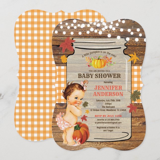 Pumpkin baby girl shower invitation rustic wood (Front/Back)