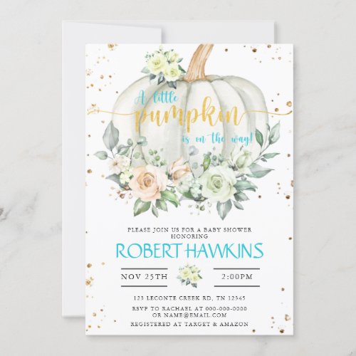 Pumpkin Baby Shower Blue Gold Elegant Invitation