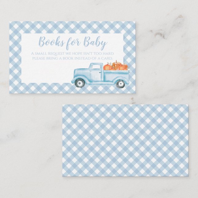 Pumpkin Baby Shower blue Plaid Truck Book request Enclosure Card (Front/Back)