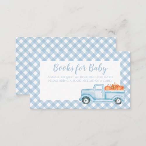 Pumpkin Baby Shower blue Plaid Truck Book request Enclosure Card