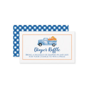 Pumpkin Baby Shower blue Plaid Truck Diaper Raffle Enclosure Card