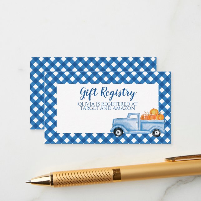 Pumpkin Baby Shower blue Plaid Truck Gift Registry Enclosure Card (Front/Back In Situ)