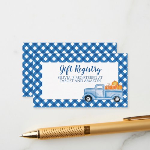 Pumpkin Baby Shower blue Plaid Truck Gift Registry Enclosure Card