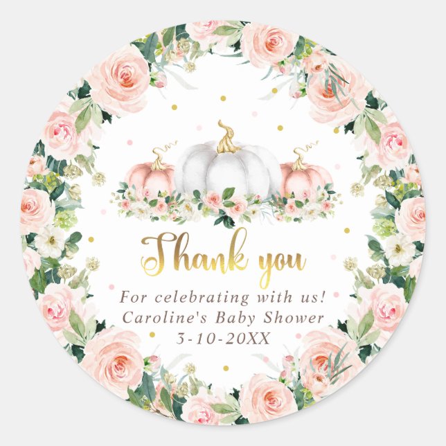 Pumpkin Baby Shower Blush Pink And Gold Favor Classic Round Sticker (Front)