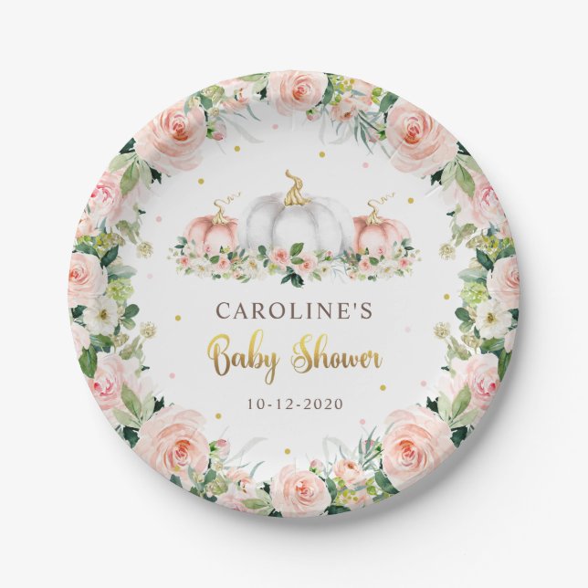 Pumpkin Baby Shower Blush Pink And Gold Paper Plates (Front)