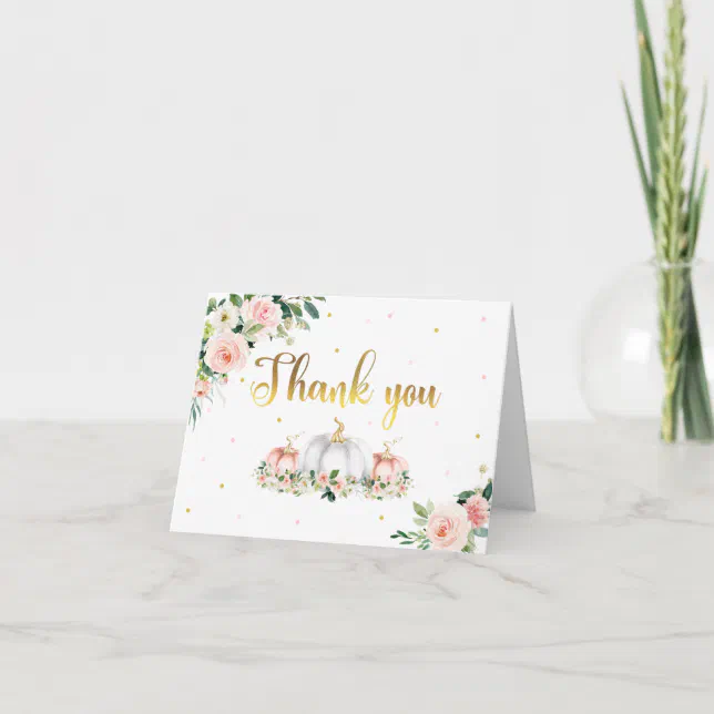 Pumpkin Baby Shower Blush Pink And Gold Thank You Card | Zazzle