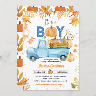 Pumpkin Baby Shower Boy Blue Truck Watercolor Invitation