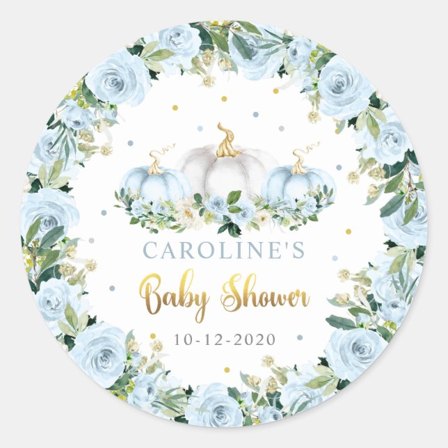 Pumpkin Baby Shower Boy Fall Blue Pumpkin Favor Classic Round Sticker (Front)
