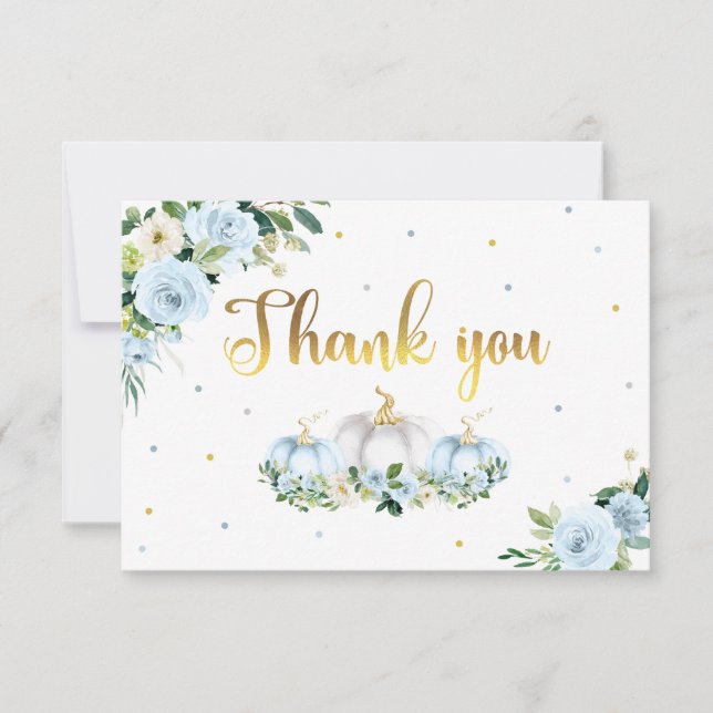 Pumpkin Baby Shower Boy Fall Blue Pumpkin Thank You Card (Front)