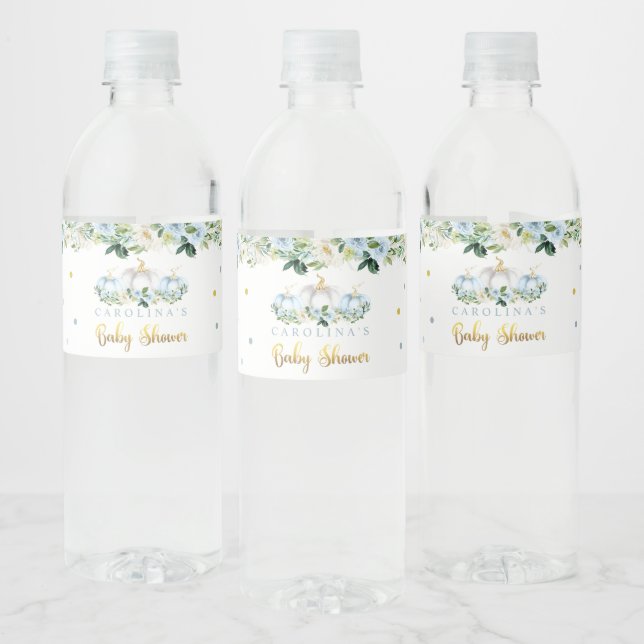 Pumpkin Baby Shower Boy Fall Blue Pumpkin Water Bottle Label (Bottles)