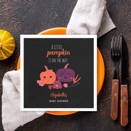 Pumpkin Baby Shower Cute Black Purple Modern Napkins