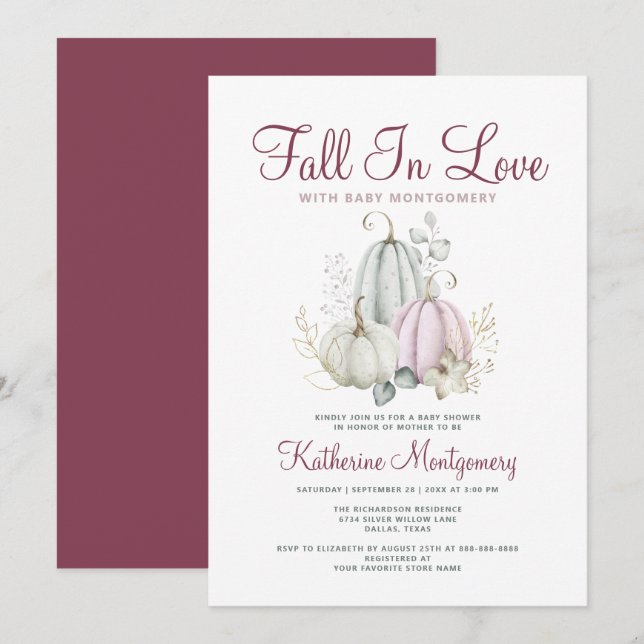 Pumpkin Baby Shower Fall In Love Elegant Autumn Invitation (Front/Back)