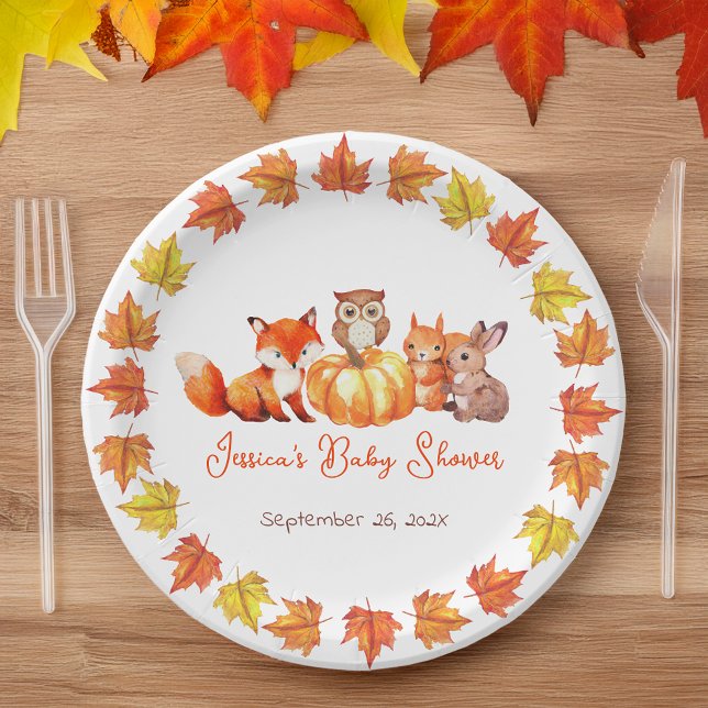 Pumpkin Baby Shower Fall Leaves Cute Fox Bunny Owl Paper Plates (Creator Uploaded)