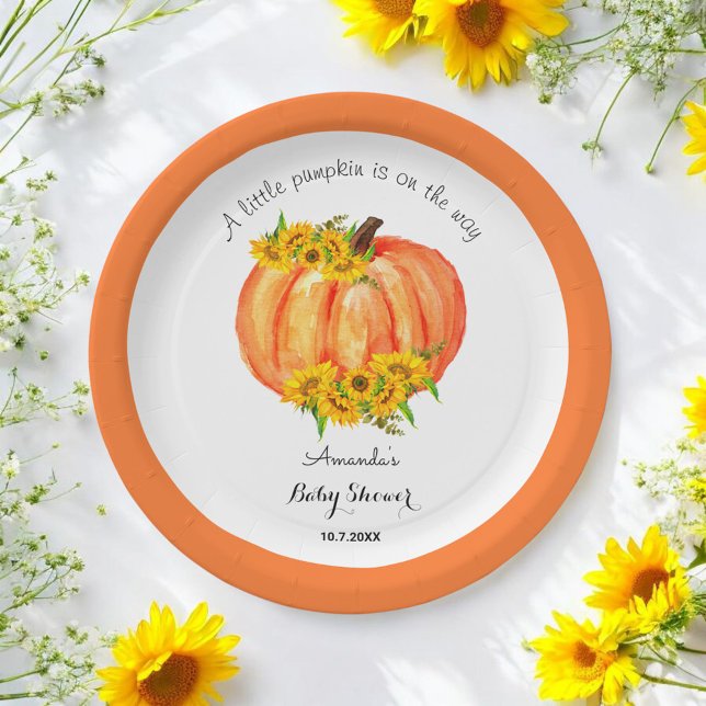 Pumpkin Baby Shower Fall Orange White Paper Plates (Creator Uploaded)