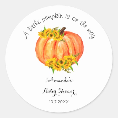 Pumpkin Baby Shower Fall Orange White Sunflower Classic Round Sticker