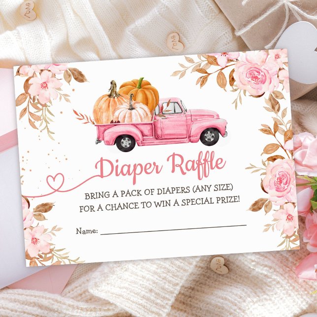 Pumpkin Baby Shower Fall Pink Truck Diaper Raffle Enclosure Card (Creator Uploaded)