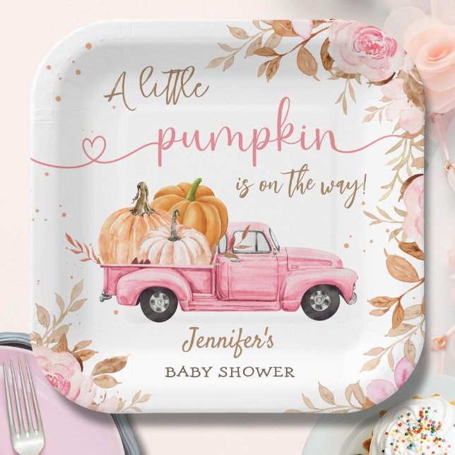 Pumpkin Baby Shower Fall Pink Truck Paper Plates (Creator Uploaded)