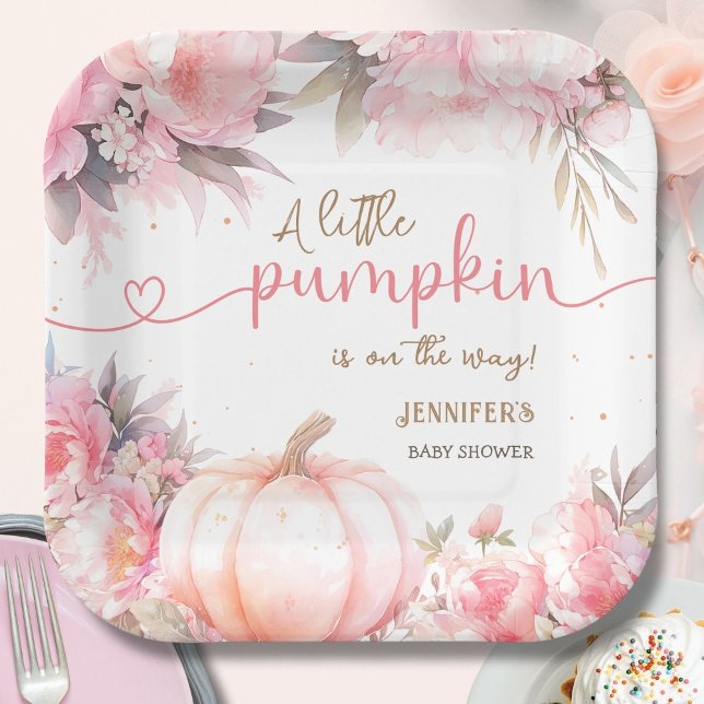 Pumpkin Baby Shower Girl Pink Floral Fall Autumn Paper Plates (Creator Uploaded)