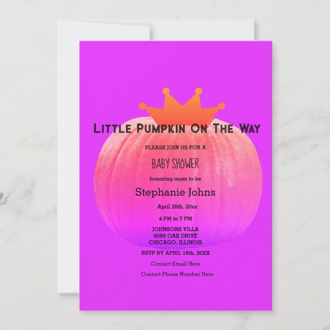 Pumpkin Baby Shower Girls Pink Purple QR Code Invitation (Front)