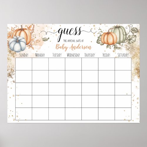 Pumpkin Baby Shower Guess Due Date Calendar Poster