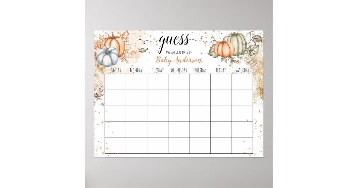 Pumpkin Baby Shower Guess Due Date Calendar Poster Zazzle