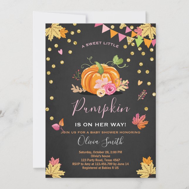 Pumpkin Baby shower invitation Autumn Fall Pink (Front)