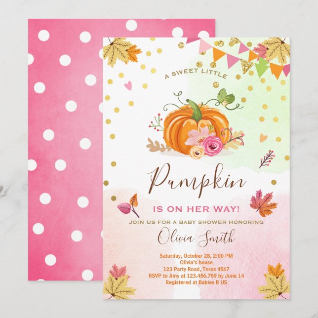 Pumpkin Baby shower invitation Autumn Fall Pink (Front/Back)