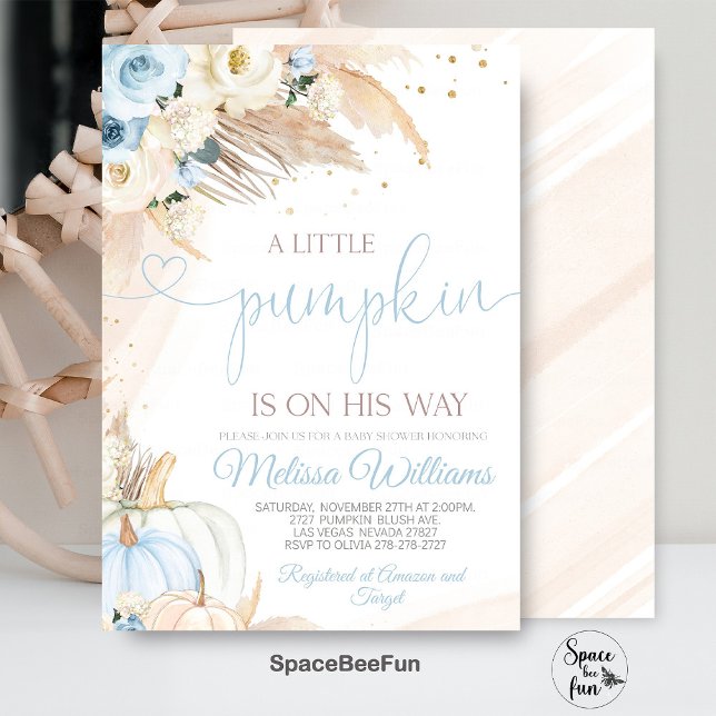 Pumpkin Baby Shower Invitation Boy Boho Pampas (Pumpkin Baby Shower Invitation Girl, Boho Pampas Little Pumpkin Shower Invites, Fall Autumn )