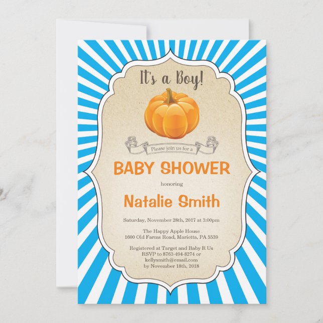 Pumpkin Baby Shower Invitation Fall Autumn Boy (Front)