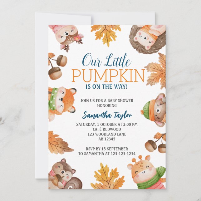 Pumpkin Baby Shower Invitation, Fall Woodland Invitation (Front)