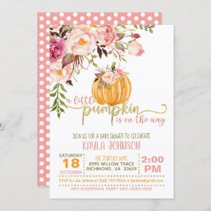 Pumpkin Baby Shower Invitation - Floral Pink Dots